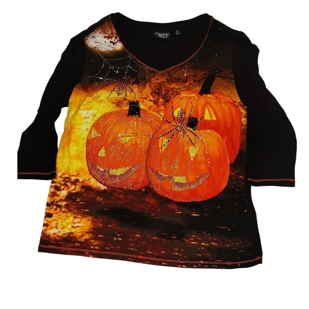 Halloween Pumpkin Rhinestone Top –‎ Ongue Casual L Black 3/4 Sleeve Fall Shirt